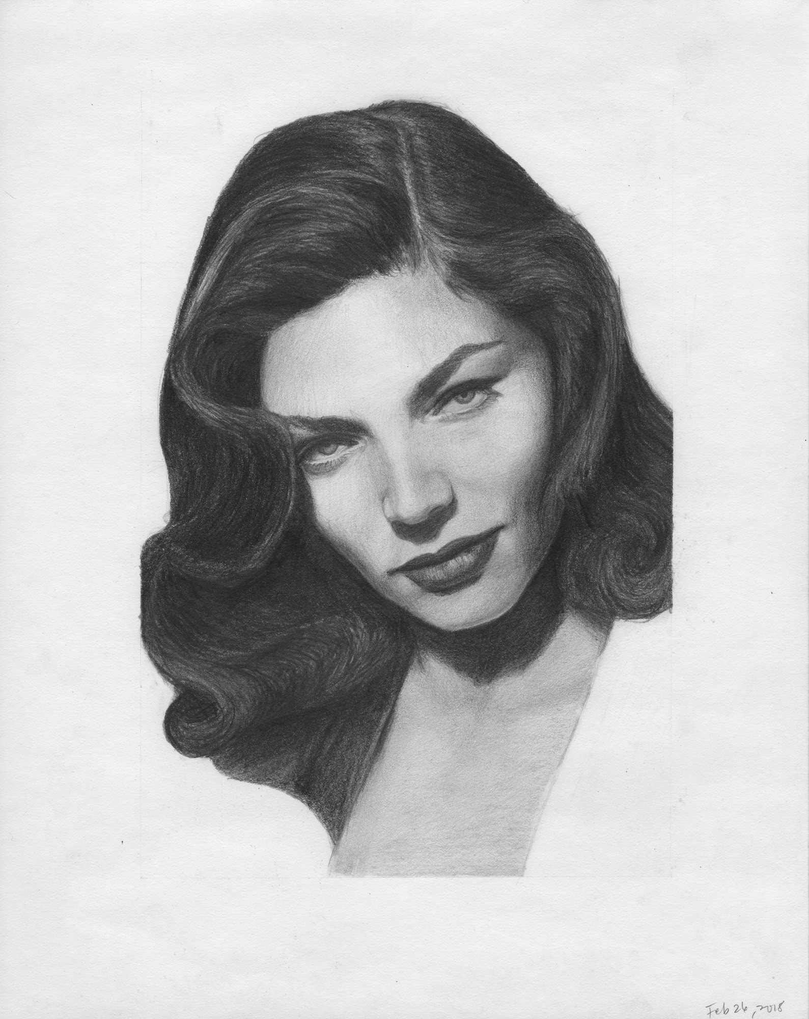 Pencil portrait drawing of Lauren Baccall