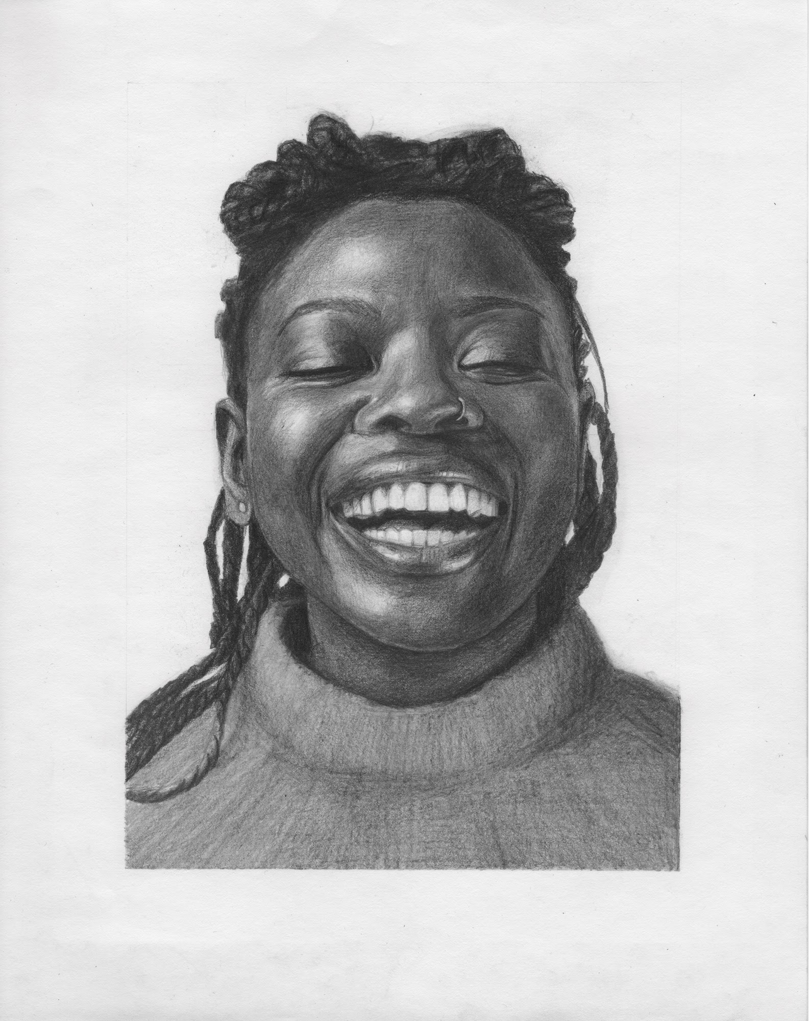 Pencil portrait drawing of a woman laughing
