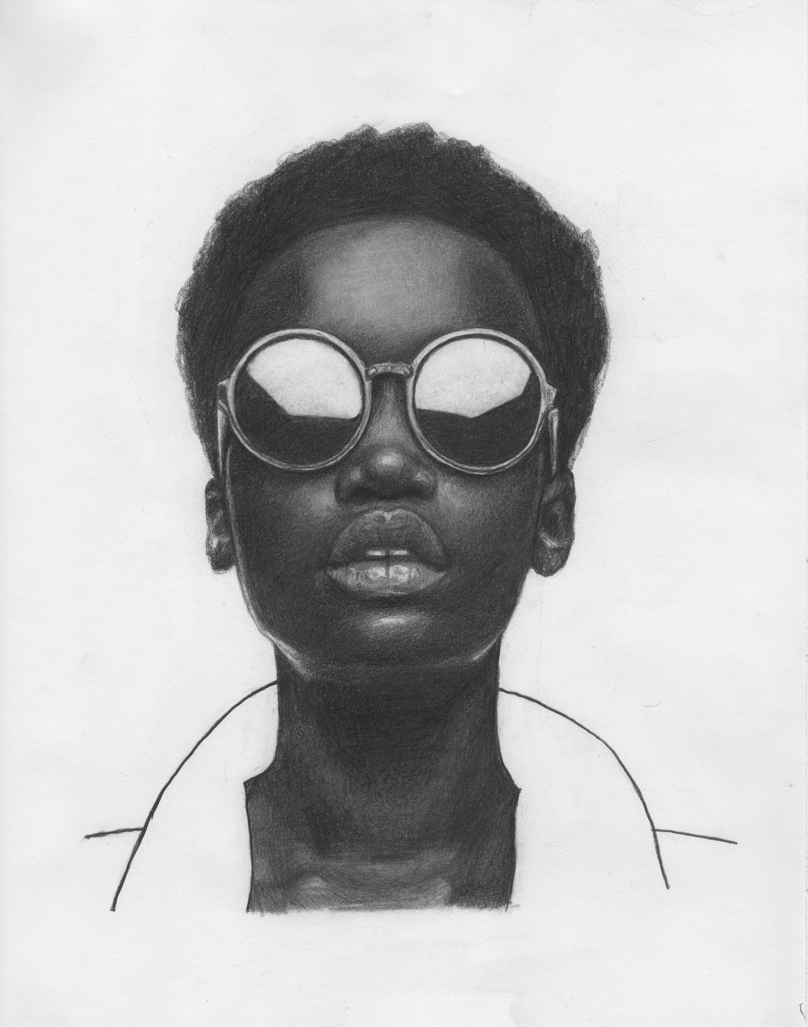 Pencil portrait drawing of a woman with sunglasses on