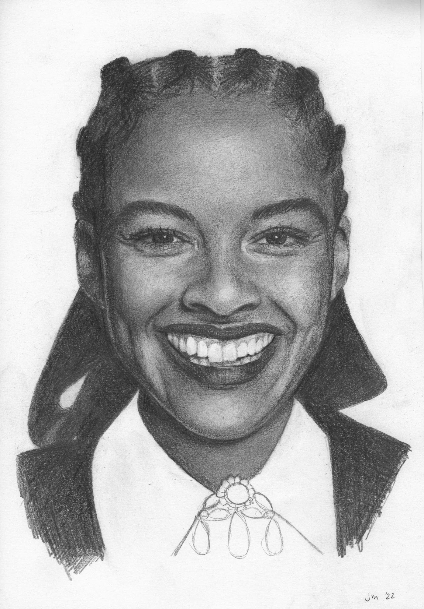 Pencil portrait drawing of a woman smiling