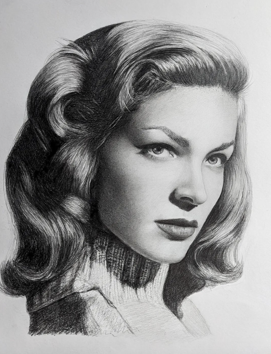 Pencil portrait drawing of Lauren Baccall