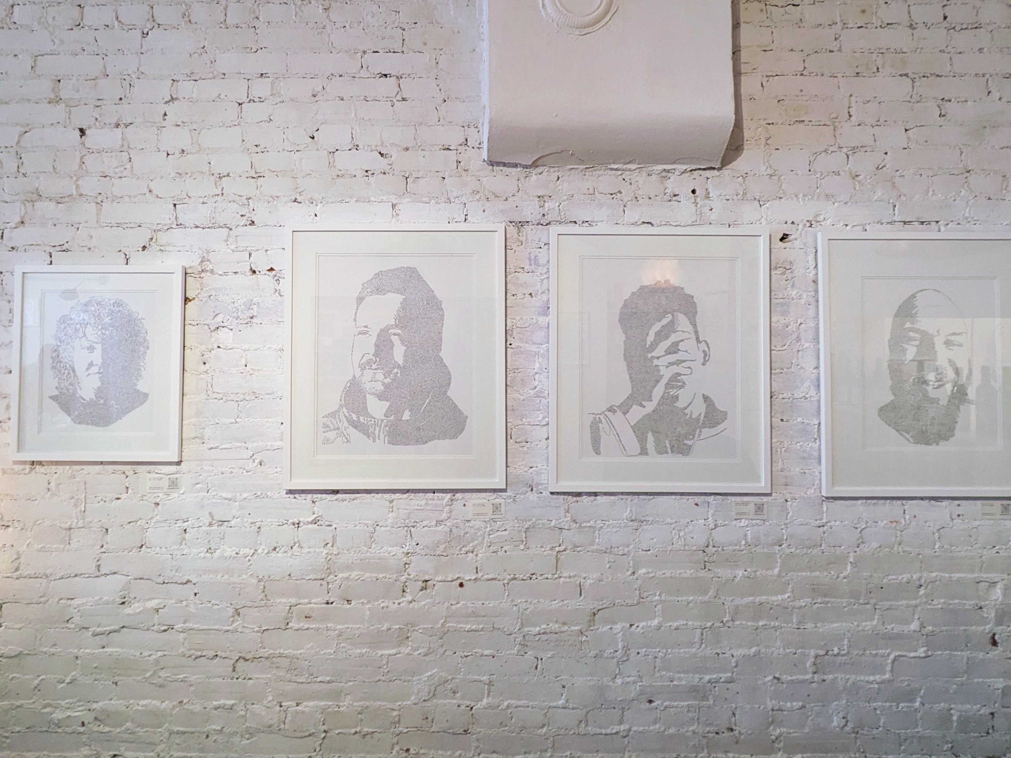 photo of 4 pieces from a solo show featuring the line of thought series